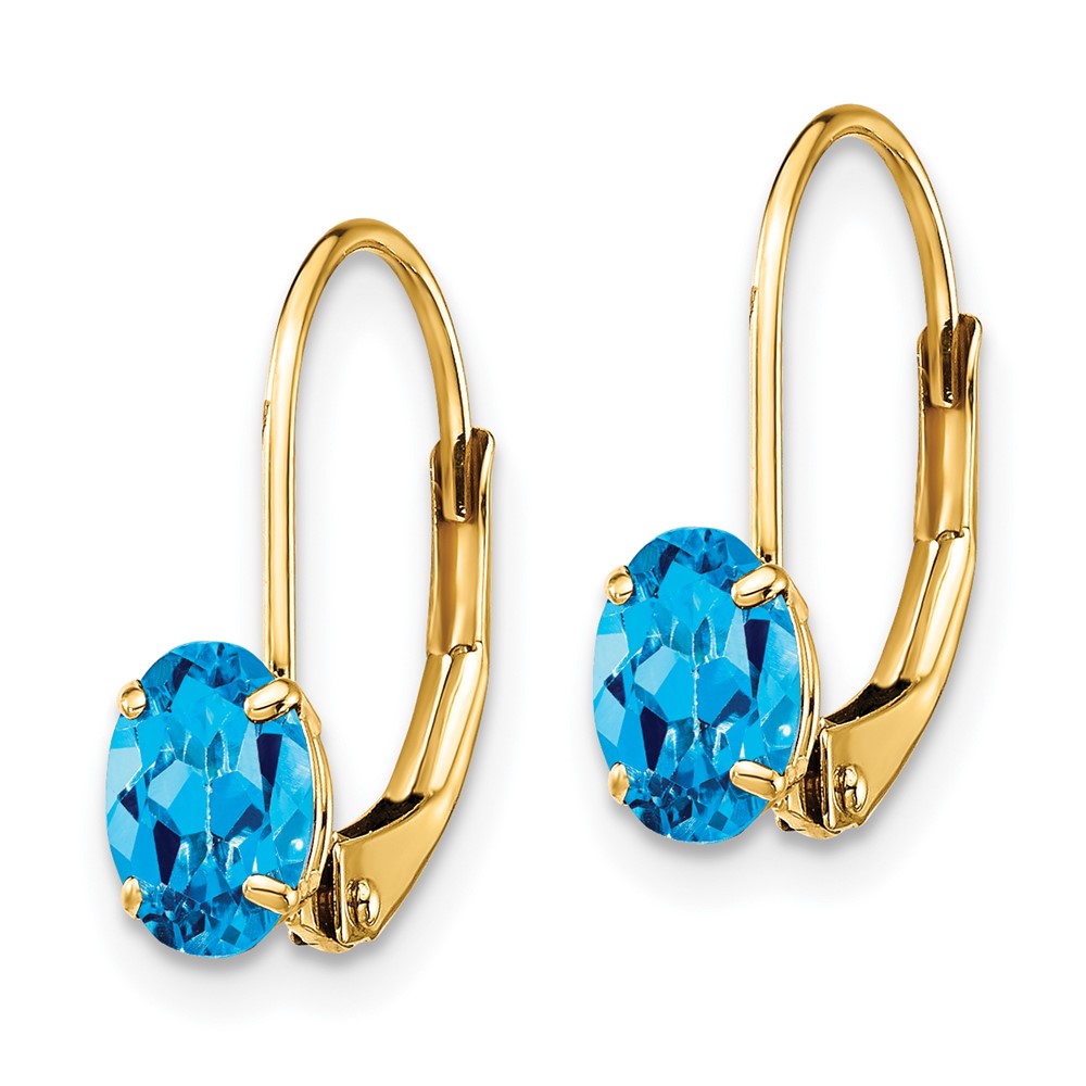 14k Yellow Gold 6x4mm Oval Blue Topaz Leverback Earrings