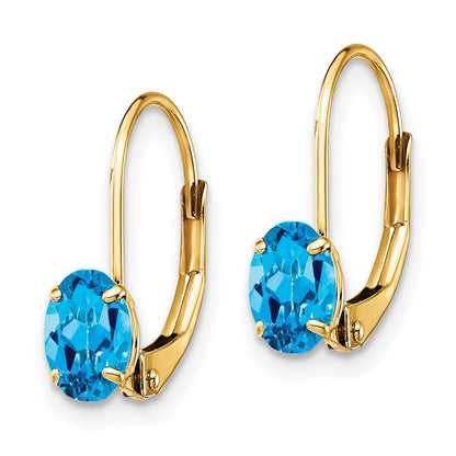 14k Yellow Gold 6x4mm Oval Blue Topaz Leverback Earrings