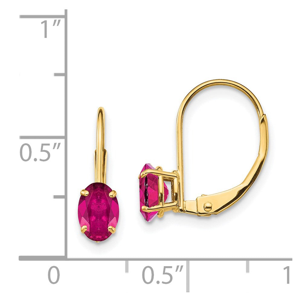 14k Yellow Gold 6x4mm Oval Created Ruby Leverback Earrings