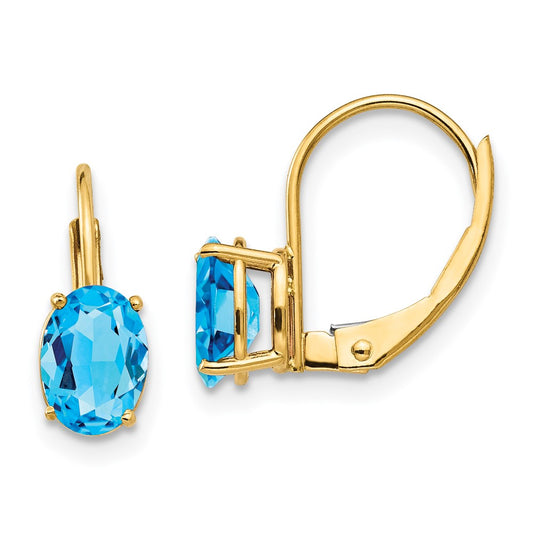 14k Yellow Gold 7x5mm Oval Blue Topaz Leverback Earrings