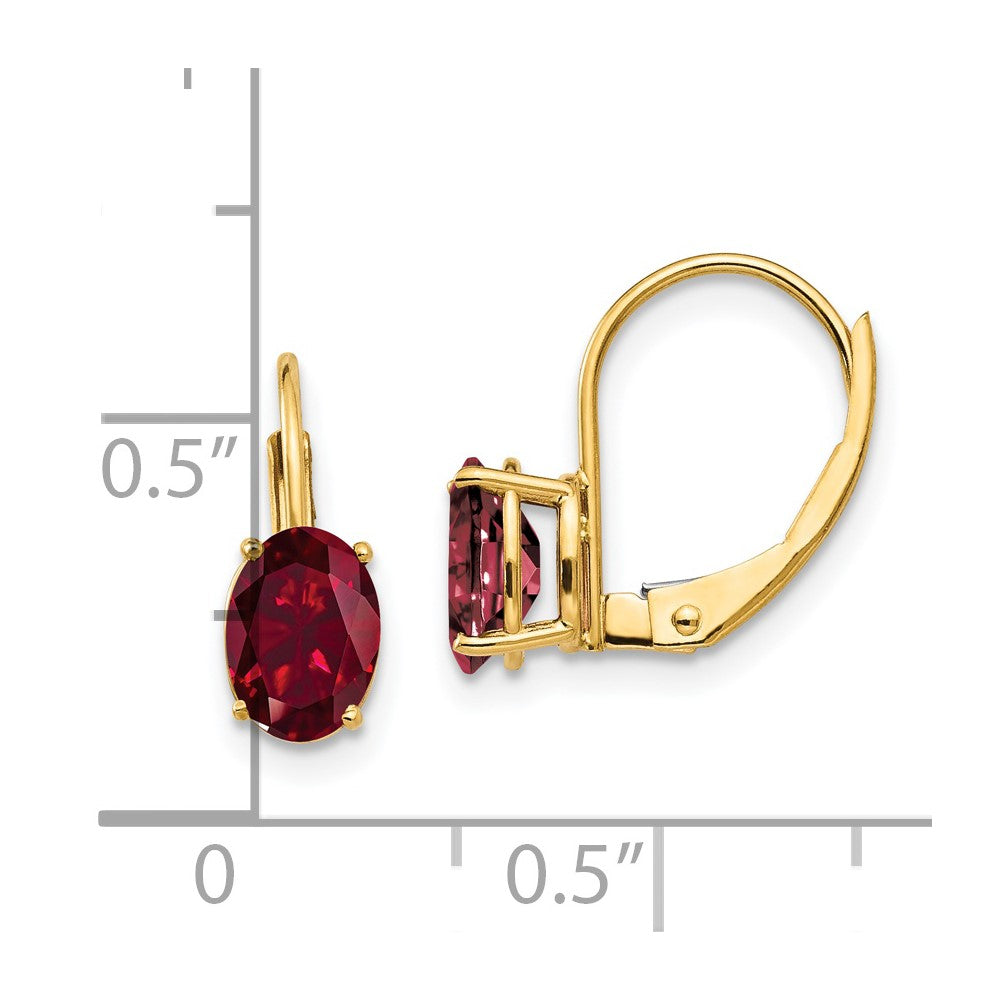 14k Yellow Gold 7x5mm Oval Created Ruby leverback Earrings