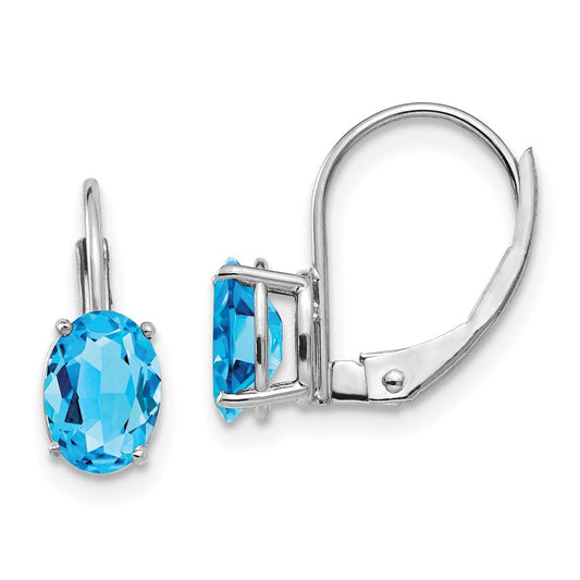 14k White Gold 7x5mm Oval Blue Topaz Leverback Earrings