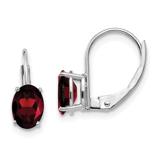 14k White Gold 7x5mm Oval Garnet Leverback Earrings