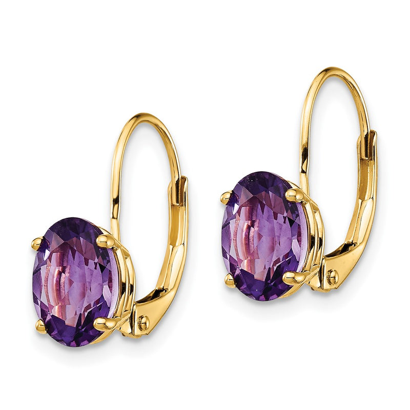 14k Yellow Gold 8x6mm Oval Amethyst Leverback Earrings