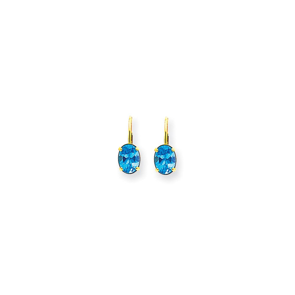 14k Yellow Gold 8x6mm Oval Blue Topaz Checker leverback Earrings