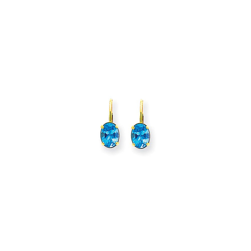 14k Yellow Gold 8x6mm Oval Blue Topaz Checker leverback Earrings