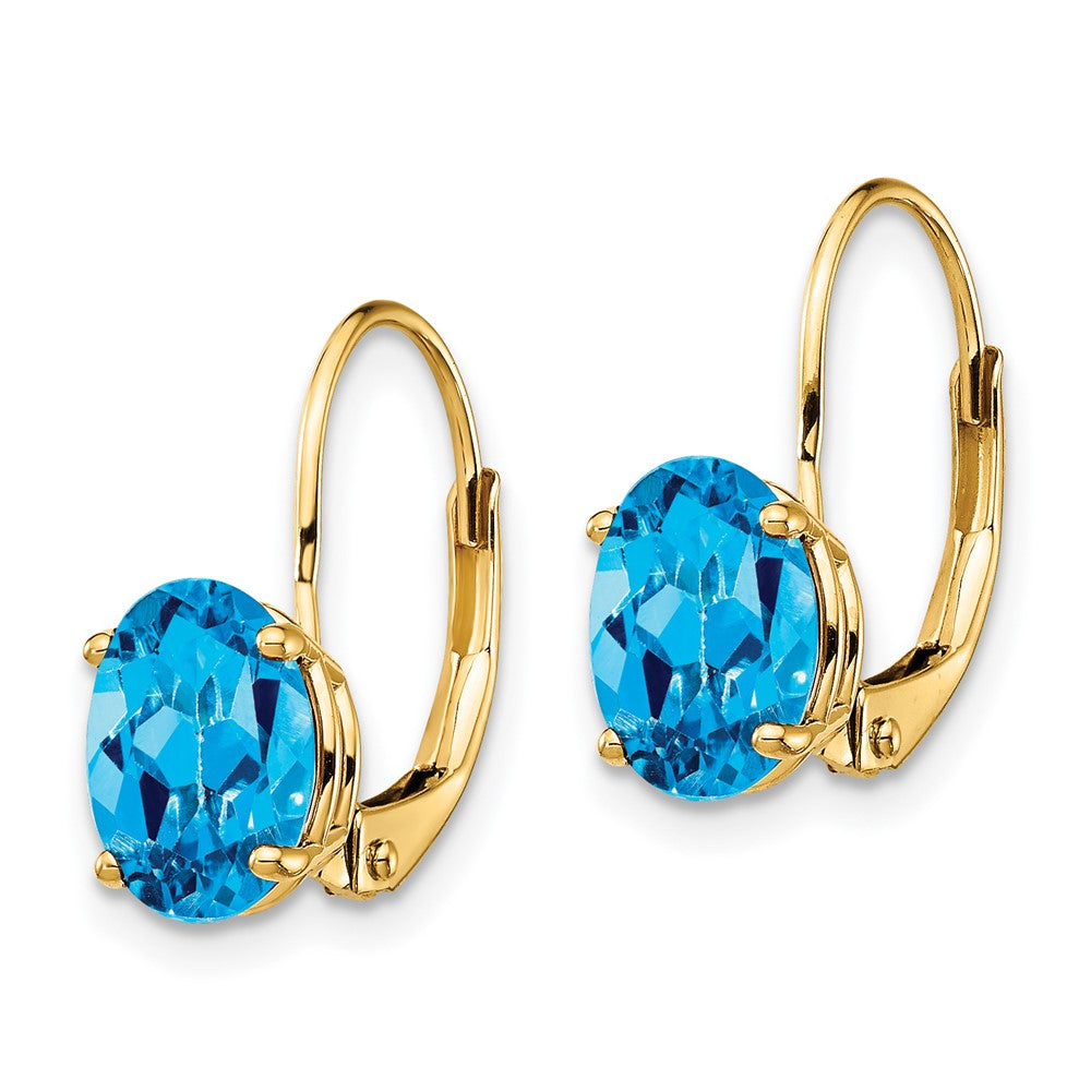14k Yellow Gold 8x6mm Oval Blue Topaz Leverback Earrings