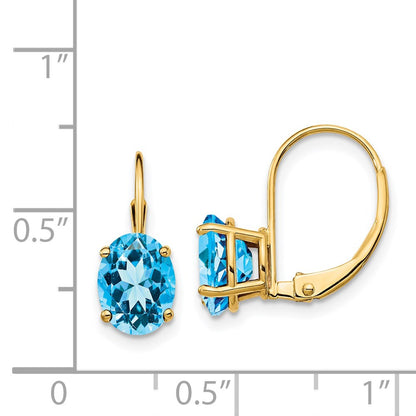 14k Yellow Gold 8x6mm Oval Blue Topaz Leverback Earrings