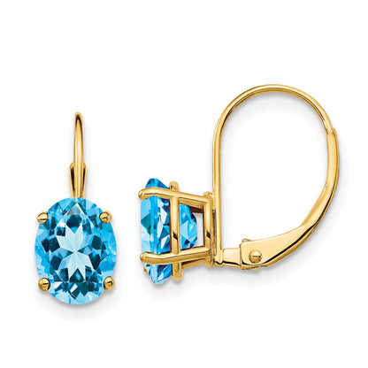 14k Yellow Gold 8x6mm Oval Blue Topaz Leverback Earrings