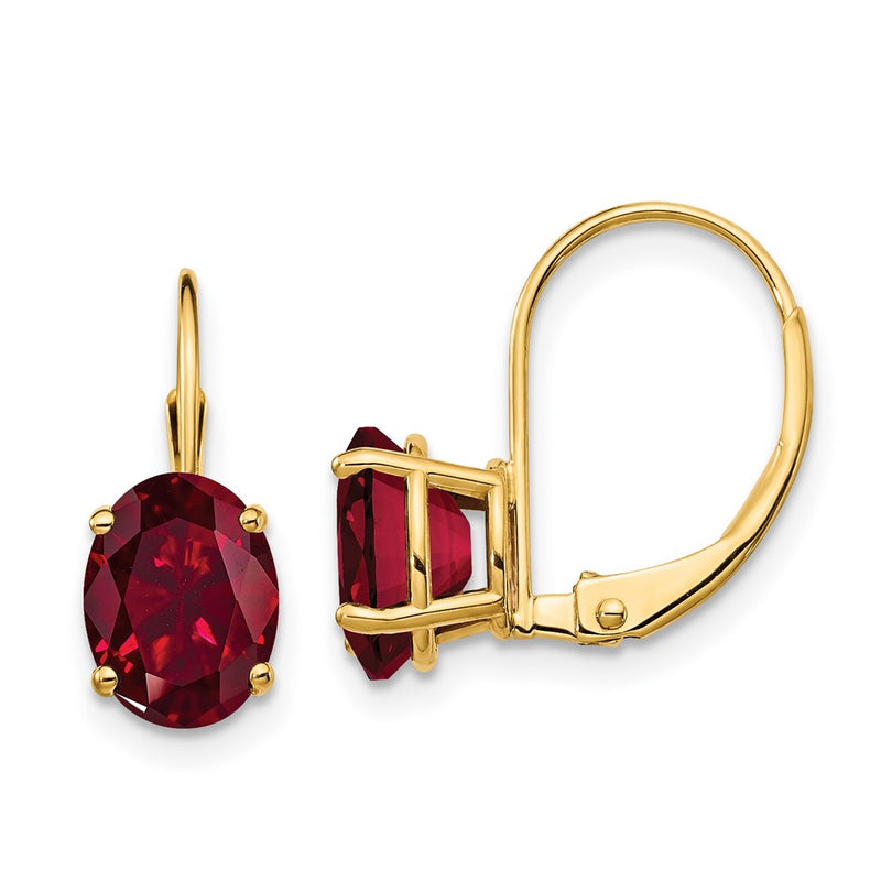 14k Yellow Gold 8x6mm Oval Created Ruby Leverback Earrings