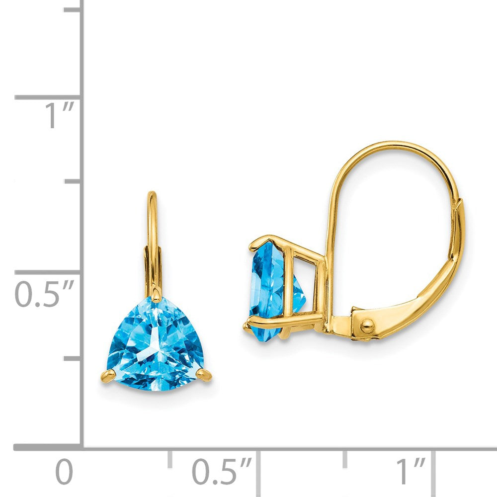 14k Yellow Gold 7mm Trillion Blue Topaz Leverback Earrings