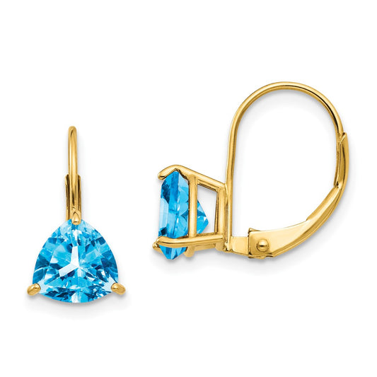 14k Yellow Gold 7mm Trillion Blue Topaz Leverback Earrings