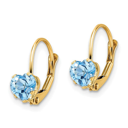 14k Yellow Gold 5mm Heart Blue Topaz Leverback Earrings