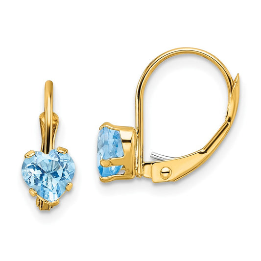 14k Yellow Gold 5mm Heart Blue Topaz Leverback Earrings