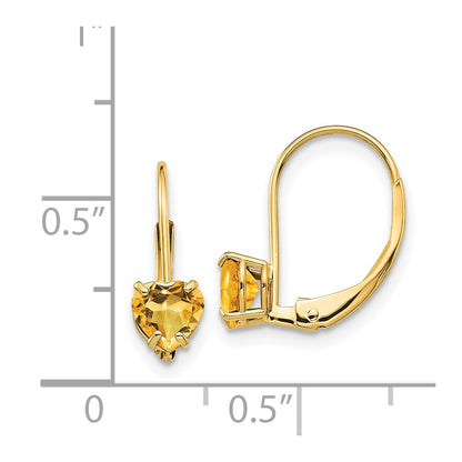 14k Yellow Gold 5mm Heart Citrine Leverback Earrings