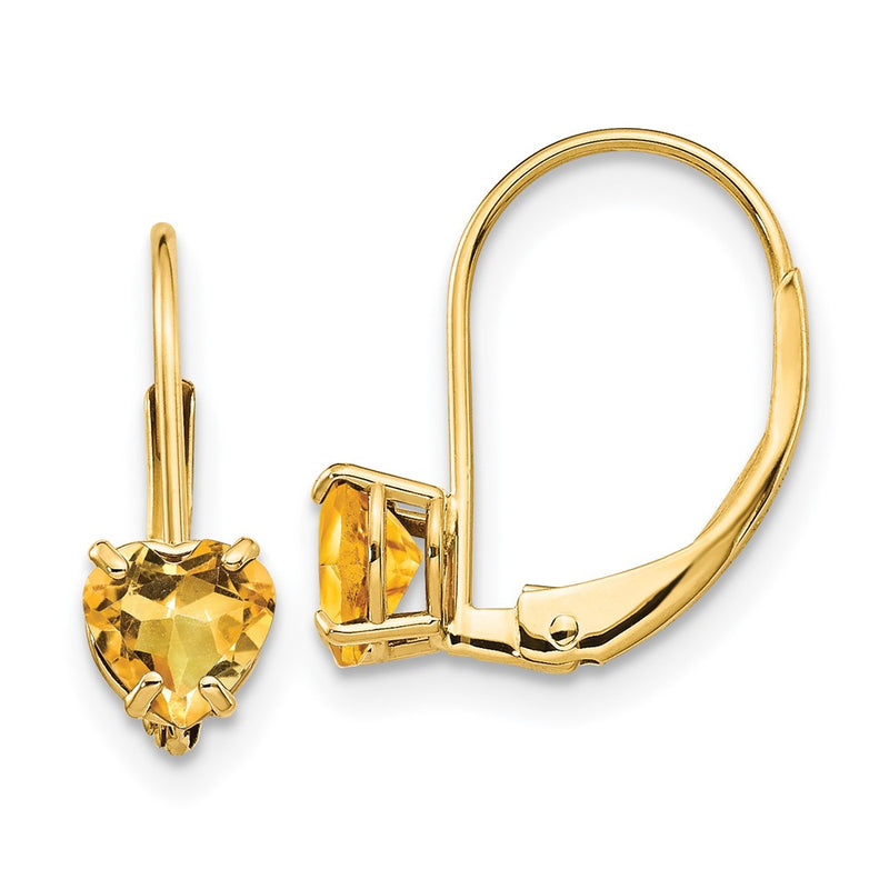 14k Yellow Gold 5mm Heart Citrine Leverback Earrings