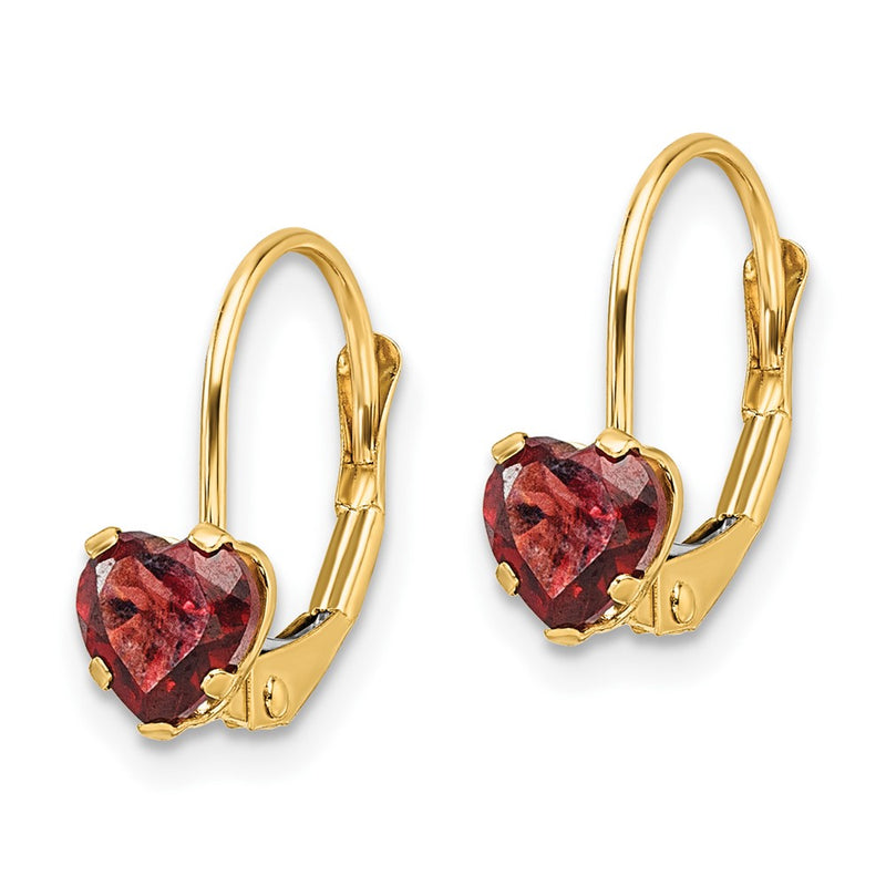 14k Yellow Gold 5mm Heart Garnet Leverback Earrings
