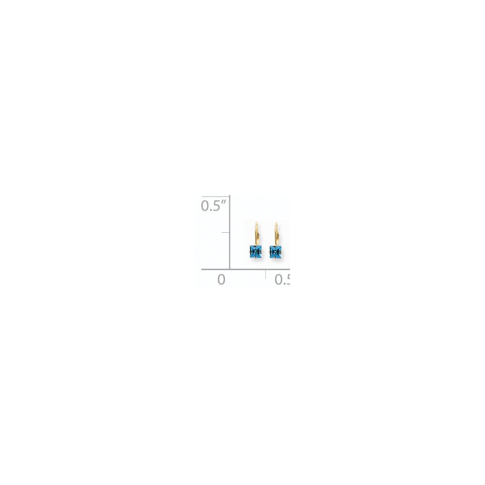 14k Yellow Gold 5mm Princess Cut Blue Topaz Leverback Earrings