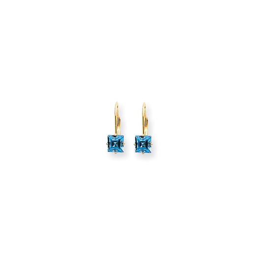 14k Yellow Gold 5mm Princess Cut Blue Topaz Leverback Earrings