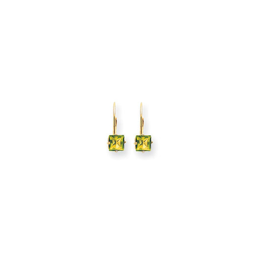 14k Yellow Gold 5mm Princess Cut Peridot Leverback Earrings
