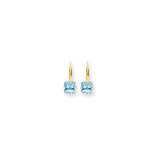 14k Yellow Gold 6mm Princess Cut Blue Topaz Leverback Earrings