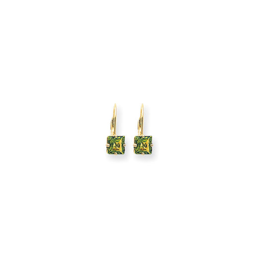 14k Yellow Gold 6mm Princess Cut Peridot Leverback Earrings