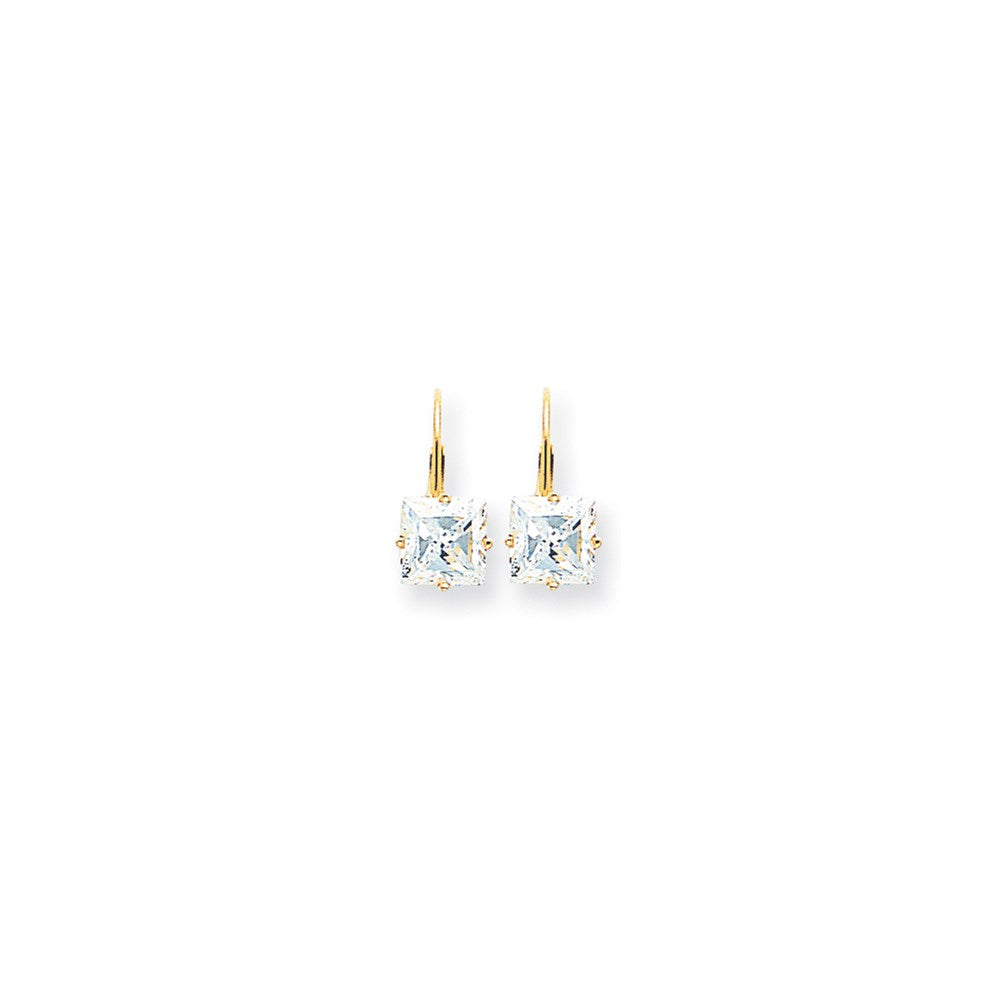 14k Yellow Gold 7mm Princess Cut Cubic Zirconia Leverback Earrings