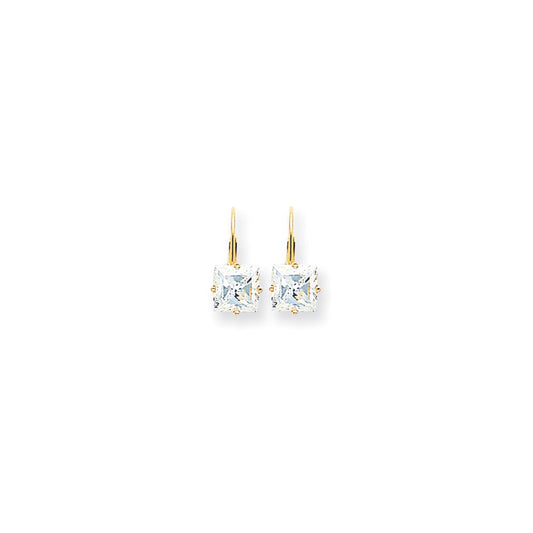 14k Yellow Gold 7mm Princess Cut Cubic Zirconia Leverback Earrings