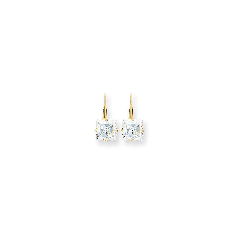 14k Yellow Gold 7mm Princess Cut Cubic Zirconia Leverback Earrings