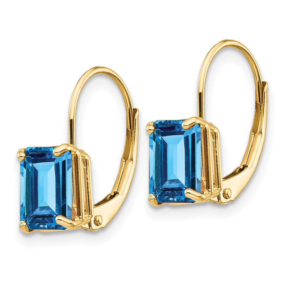 14k Yellow Gold 7x5mm Emerald Cut Blue Topaz Leverback Earrings
