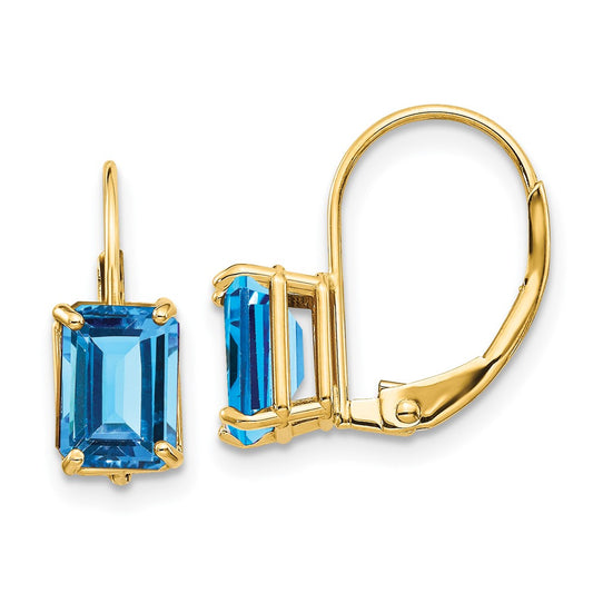 14k Yellow Gold 7x5mm Emerald Cut Blue Topaz Leverback Earrings