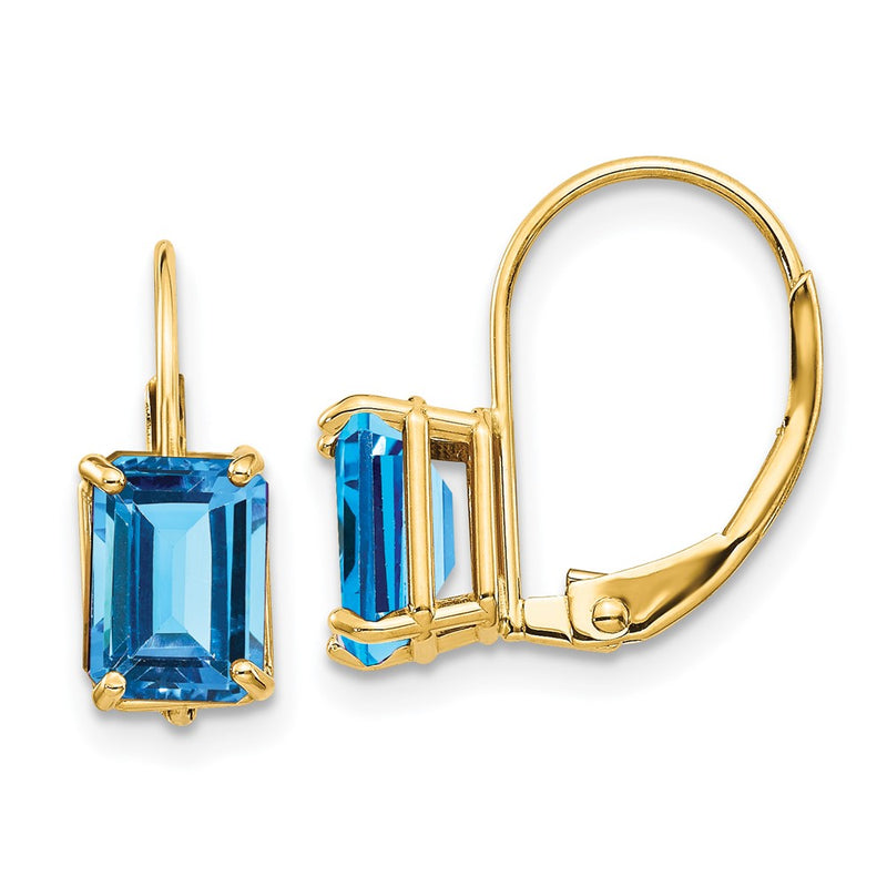 14k Yellow Gold 7x5mm Emerald Cut Blue Topaz Leverback Earrings