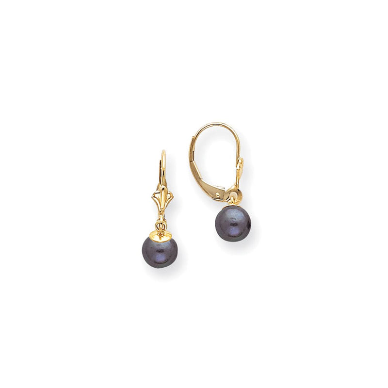 14k Yellow Gold 6-7mm Black Round Leverback Earrings