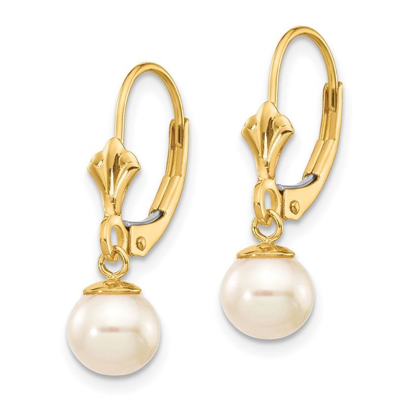 14k Yellow Gold 6-7mm White Round Freshwater Cultured Pearl Leverback Earrings