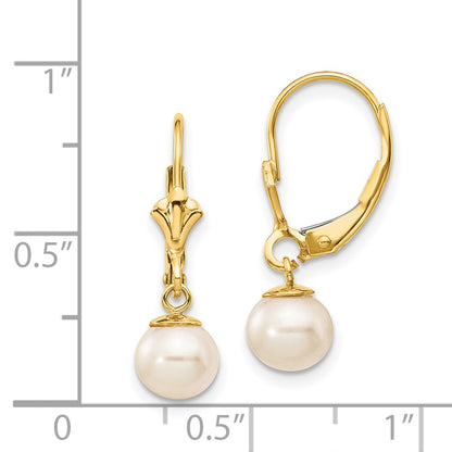 14k Yellow Gold 6-7mm White Round Freshwater Cultured Pearl Leverback Earrings