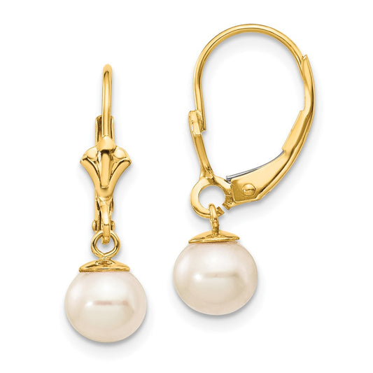 14k Yellow Gold 6-7mm White Round Freshwater Cultured Pearl Leverback Earrings