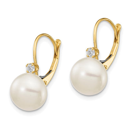 14k Yellow Gold 10-11mm White Button FWC Pearl .10ct Real Diamond Leverback Earrings