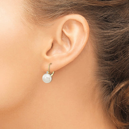 14k Yellow Gold 10-11mm White Button FWC Pearl .10ct Real Diamond Leverback Earrings
