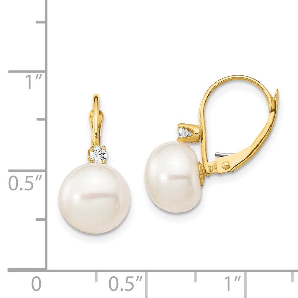 14k Yellow Gold 10-11mm White Button FWC Pearl .10ct Real Diamond Leverback Earrings