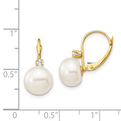 14k Yellow Gold 10-11mm White Button FWC Pearl .10ct Real Diamond Leverback Earrings