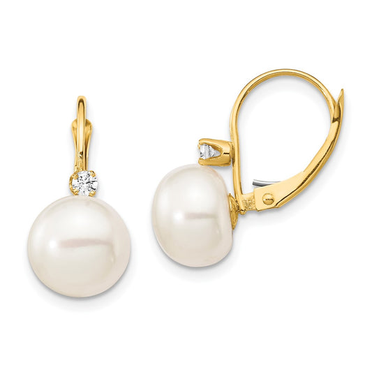 14k Yellow Gold 10-11mm White Button FWC Pearl .10ct Real Diamond Leverback Earrings