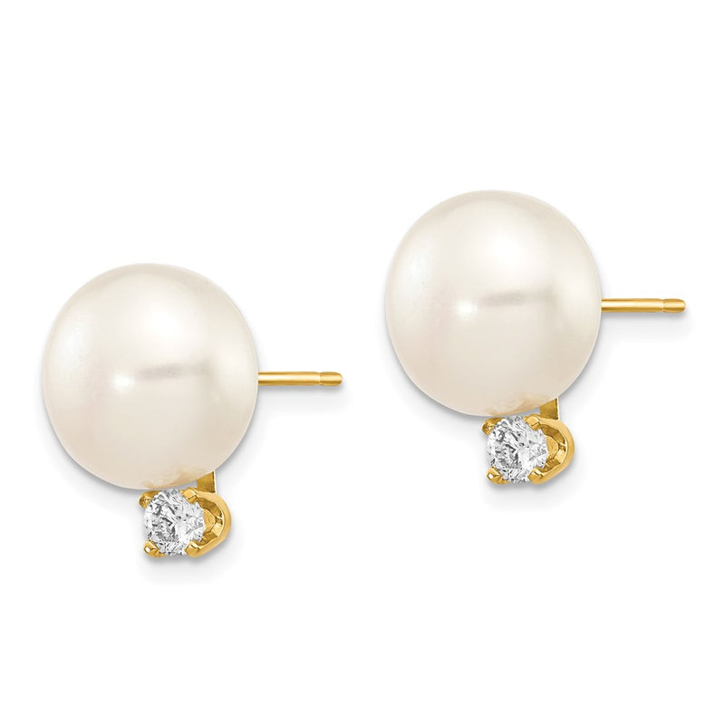 14k Yellow Gold 10-11mm White Button FW Cultured Pearl .2ct Real Diamond Post Earrings