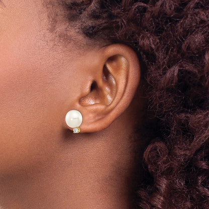 14k Yellow Gold 10-11mm White Button FW Cultured Pearl .2ct Real Diamond Post Earrings