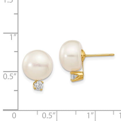 14k Yellow Gold 10-11mm White Button FW Cultured Pearl .2ct Real Diamond Post Earrings