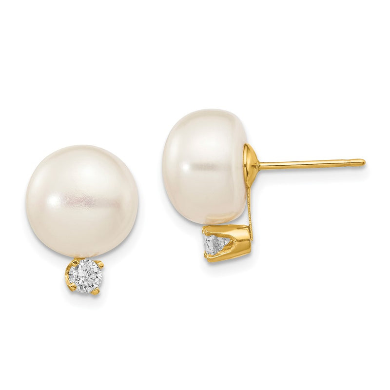 14k Yellow Gold 10-11mm White Button FW Cultured Pearl .2ct Real Diamond Post Earrings