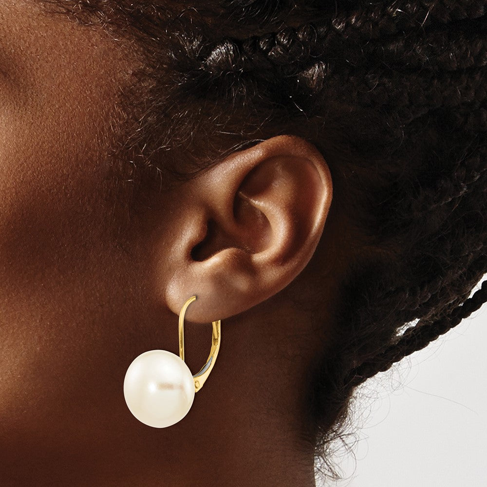 14k Yellow Gold 10-11mm White Button Freshwater Cultured Pearl Leverback Earrings