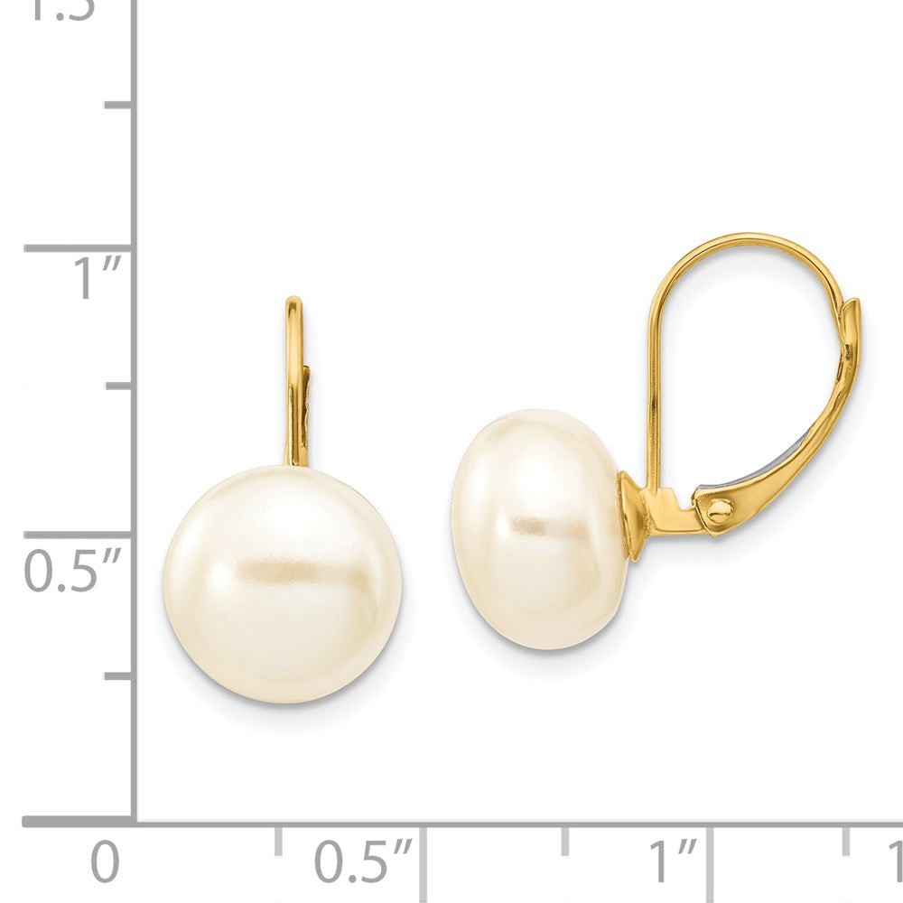 14k Yellow Gold 10-11mm White Button Freshwater Cultured Pearl Leverback Earrings