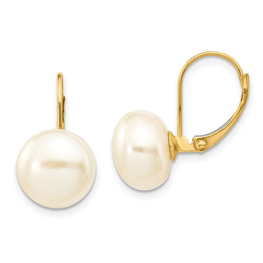 14k Yellow Gold 10-11mm White Button Freshwater Cultured Pearl Leverback Earrings