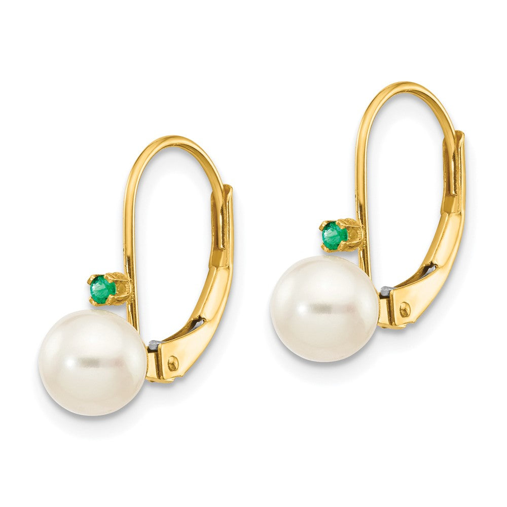 14k Yellow Gold 5-5.5mm White Round FW Cultured Pearl Emerald Leverback Earrings