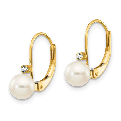 14k Yellow Gold 5-6mm White Round FW Cultured Pearl AA Real Diamond Leverback Earrings